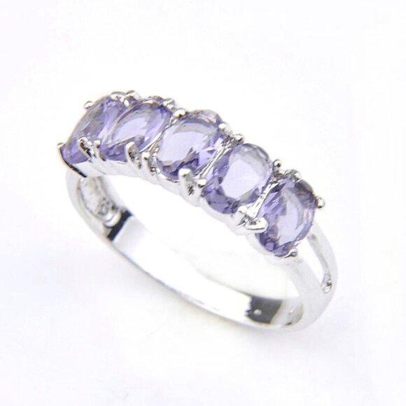 Amethyst 5 Stone Sterling Silver Plated Ring - Picture 1 of 8